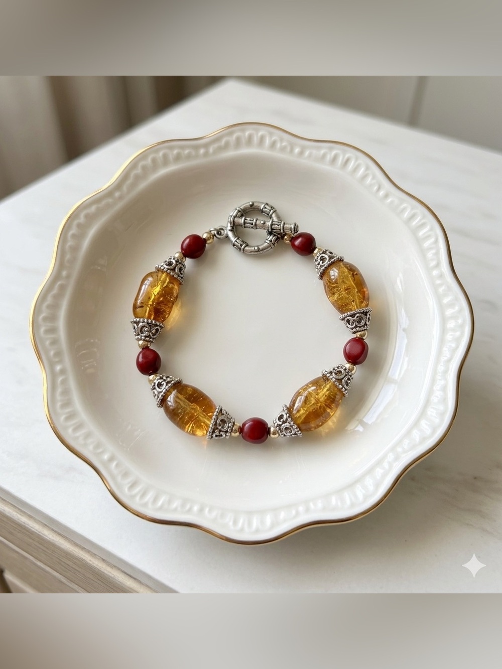 This is a bohemian-style beaded toggle bracelet.